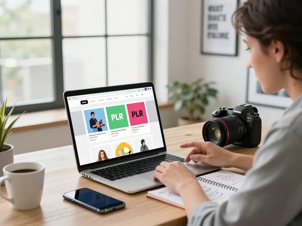 Buy PLR Products Online with an entrepreneur browsing an e-commerce site amid a modern workspace.