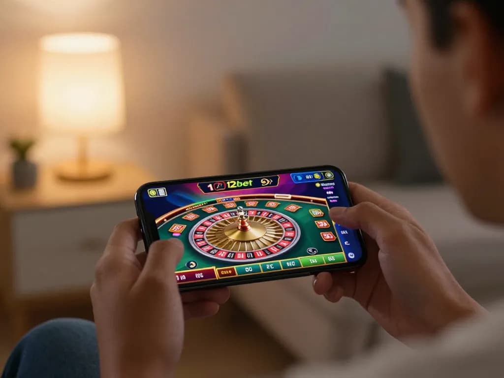 Chơi 12bet trên smartphone trong một không gian ấm cúng, thể hiện sự phấn khích của casino di động.