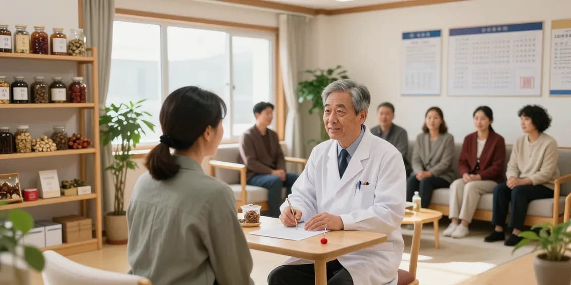 Consultation at 영통한의원 with patients in a welcoming clinic environment showcasing holistic healing.