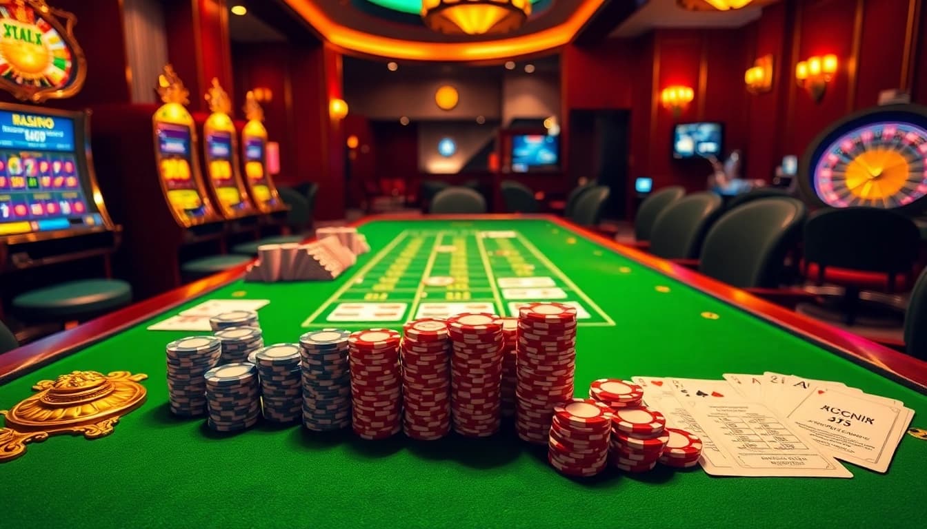 Vivez les sensations fortes d'un site de casino en ligne avec des tables de jeu vibrantes et des jetons de poker colorés.