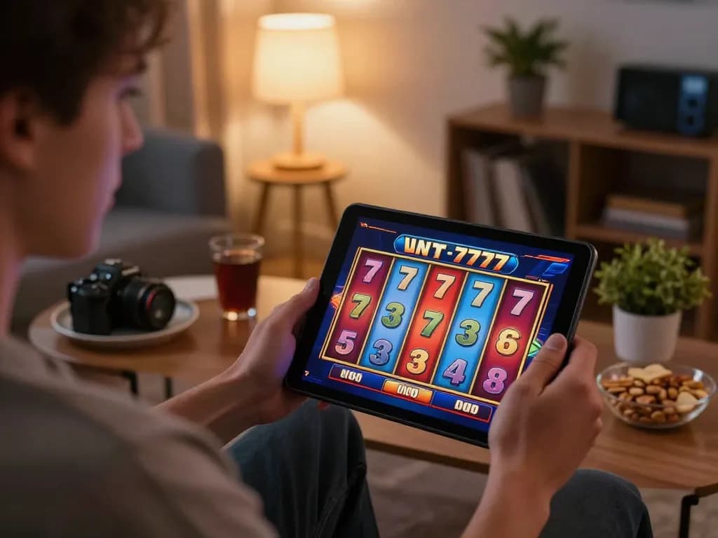 Player enjoying an exciting slot777 game on a tablet in a cozy home setting.