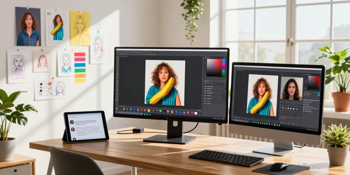 Creative workspace showcasing digital artist using nano banana 2 AI image editor with vibrant project sketches and natural light.