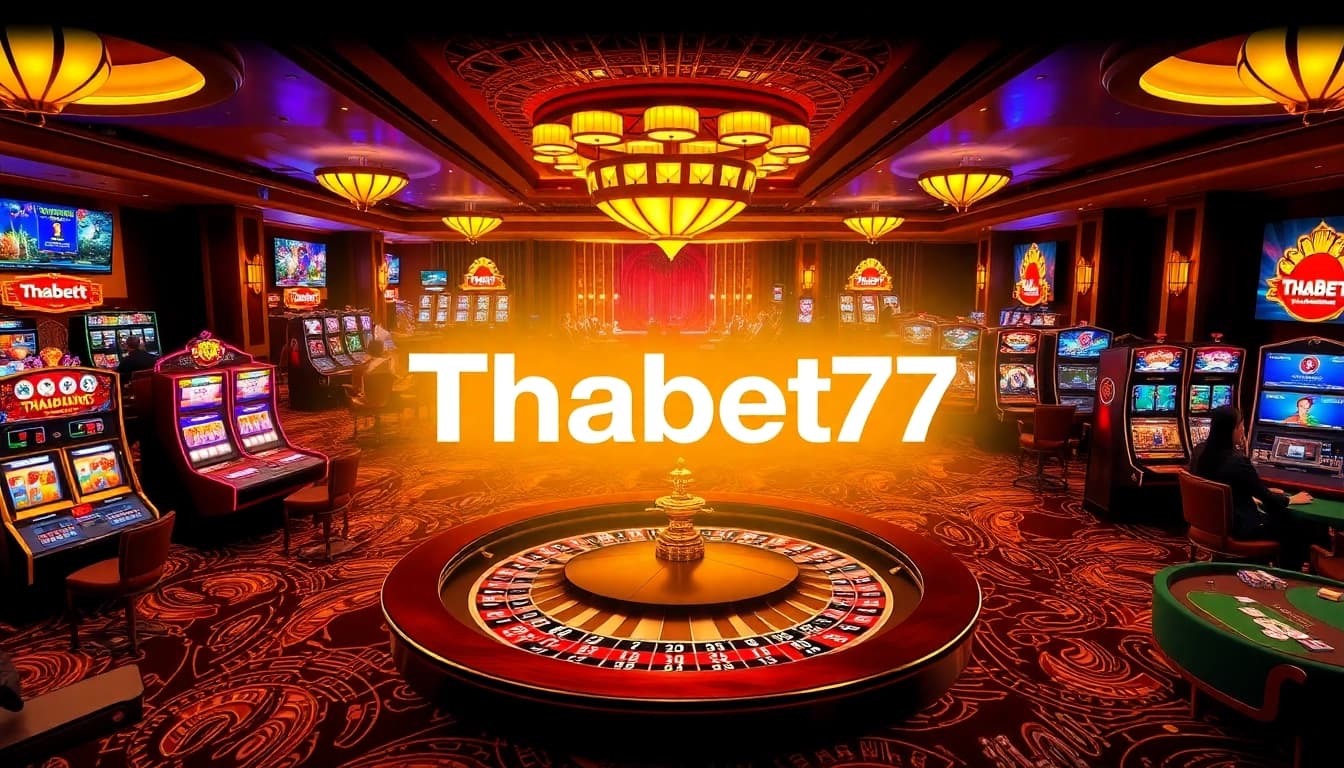 Players experiencing thrills at Thabet77 casino featuring vibrant gaming tables and slot machines.