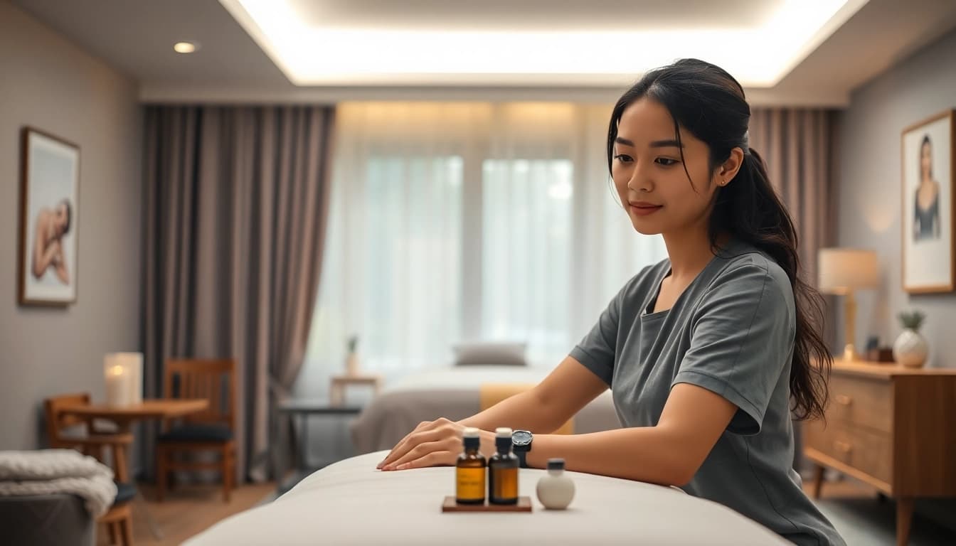 평온한 가정 환경에서 전문적인 젊은 태국 치료사와 함께하는 수원출장마사지 세션.