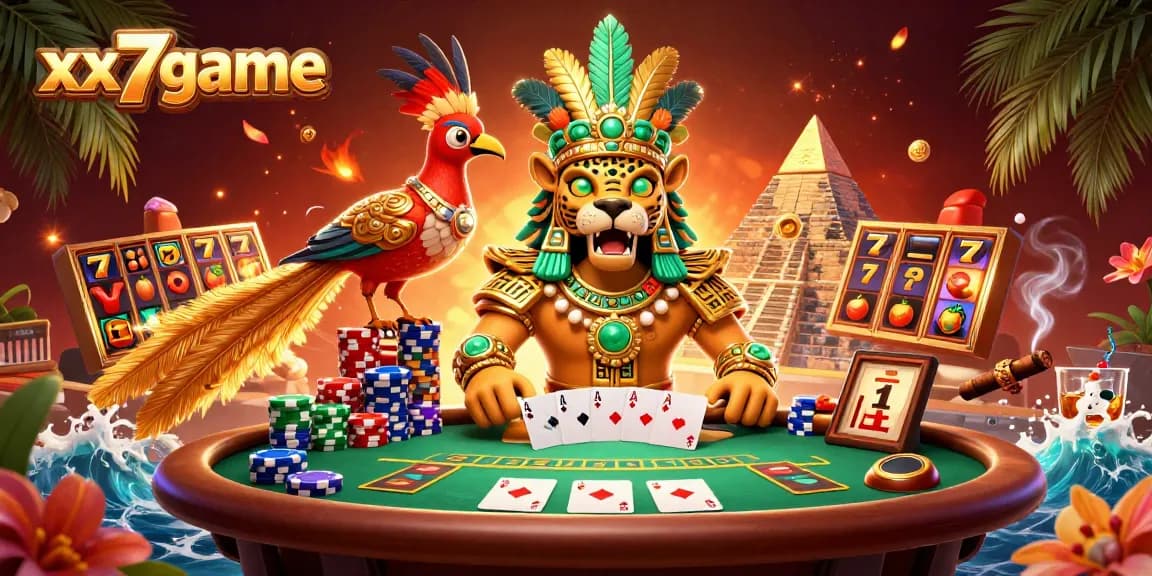 Play exciting slots and games with xx7game in a vibrant casino ambiance featuring dynamic characters.