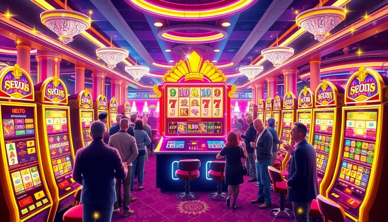 Para pemain menikmati permainan Slot Zeus di kasino mewah dengan lampu berwarna-warni dan suasana penuh semangat.