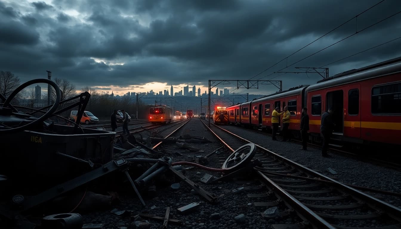 Scene of a spain train crash, showcasing emergency responders and wreckage, illustrating the aftermath.