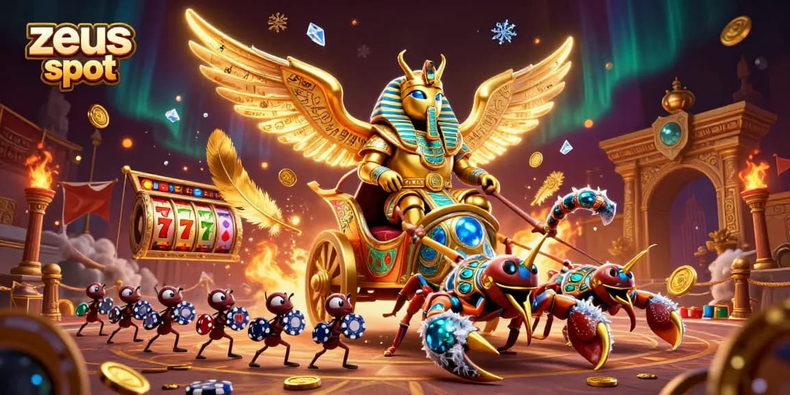 Win big with zeus slot in a vibrant casino scene featuring golden scarabs and dynamic game elements.