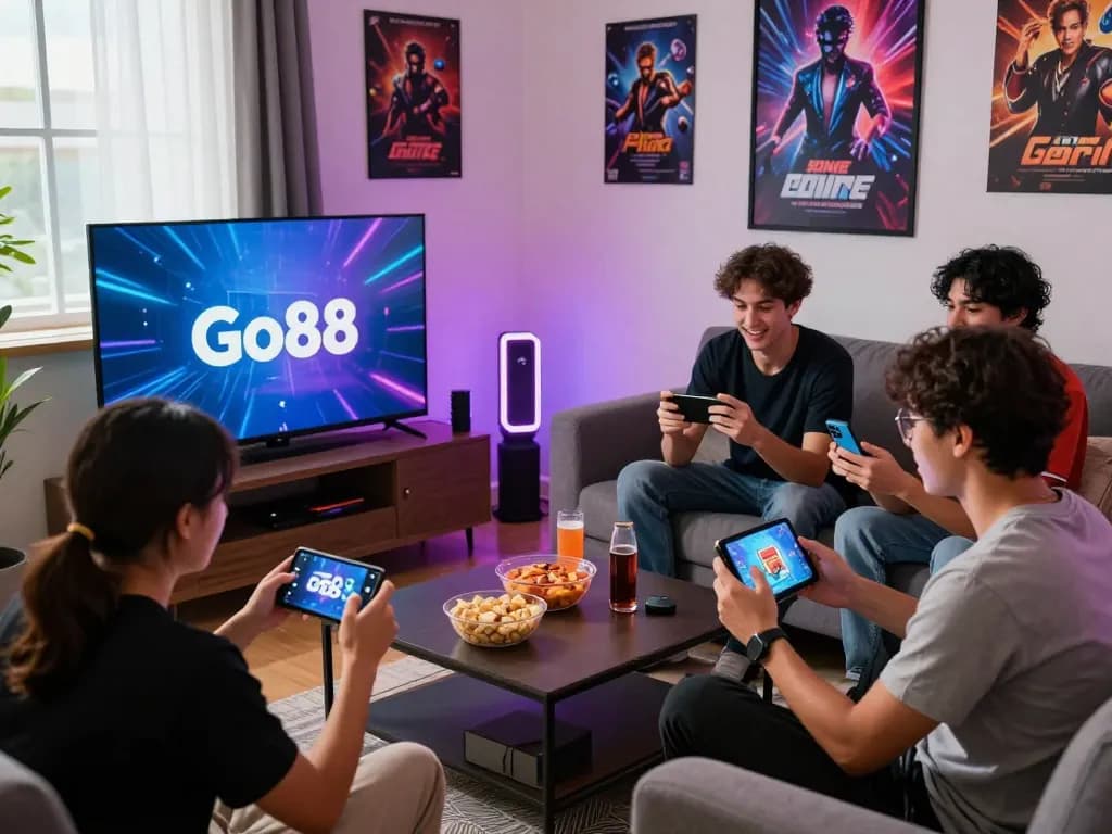 Tải go88 for an exciting gaming experience with friends in a lively home setting.