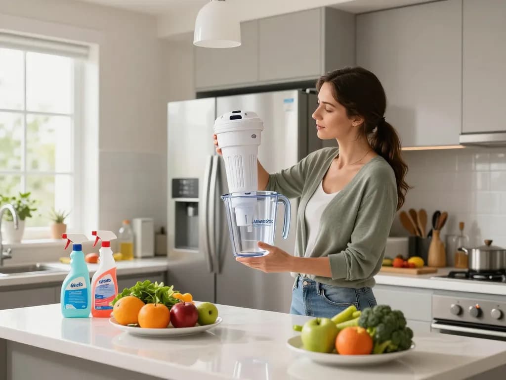 Woman replacing Waterdrop LT1000PC ADQ747935 MDJ64844601 refrigerator water filter in a bright kitchen.
