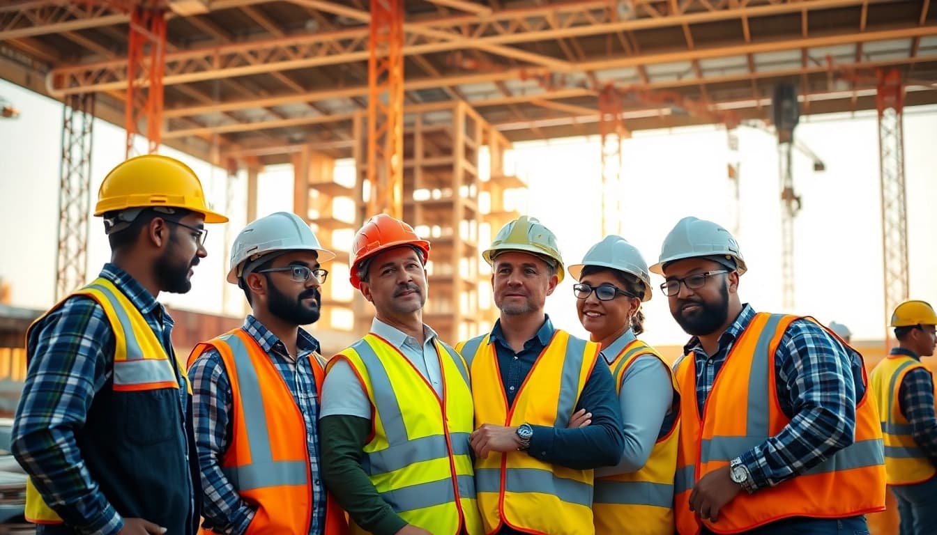 Construction site safety teamwork among diverse professionals in a vibrant environment.