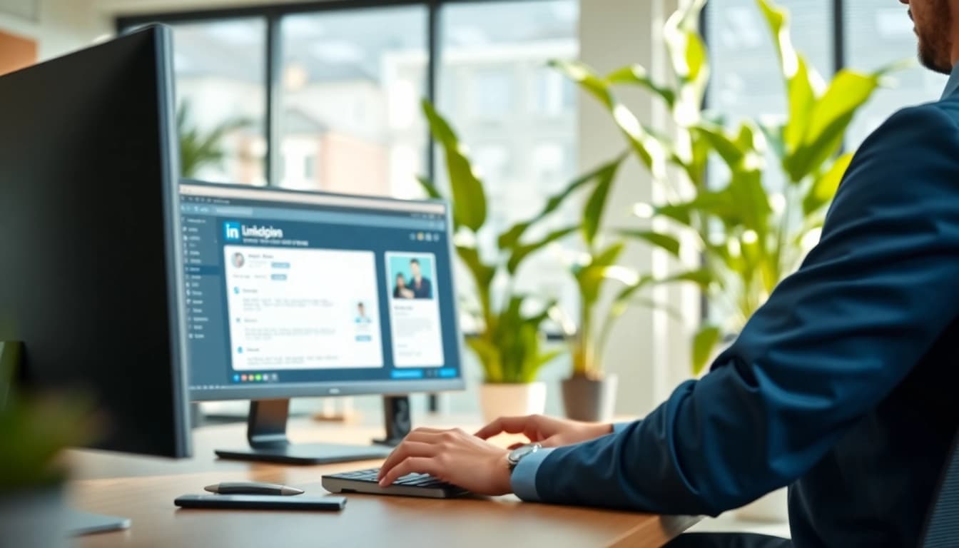 Extract emails from linkedin profiles using advanced software in a modern office setting