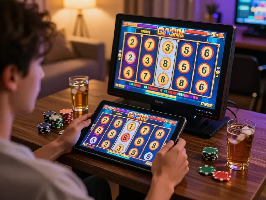 Engaging scene portraying a player enjoying a slot gacor session on their tablet while seated at home, emphasizing a vibrant online gaming atmosphere.