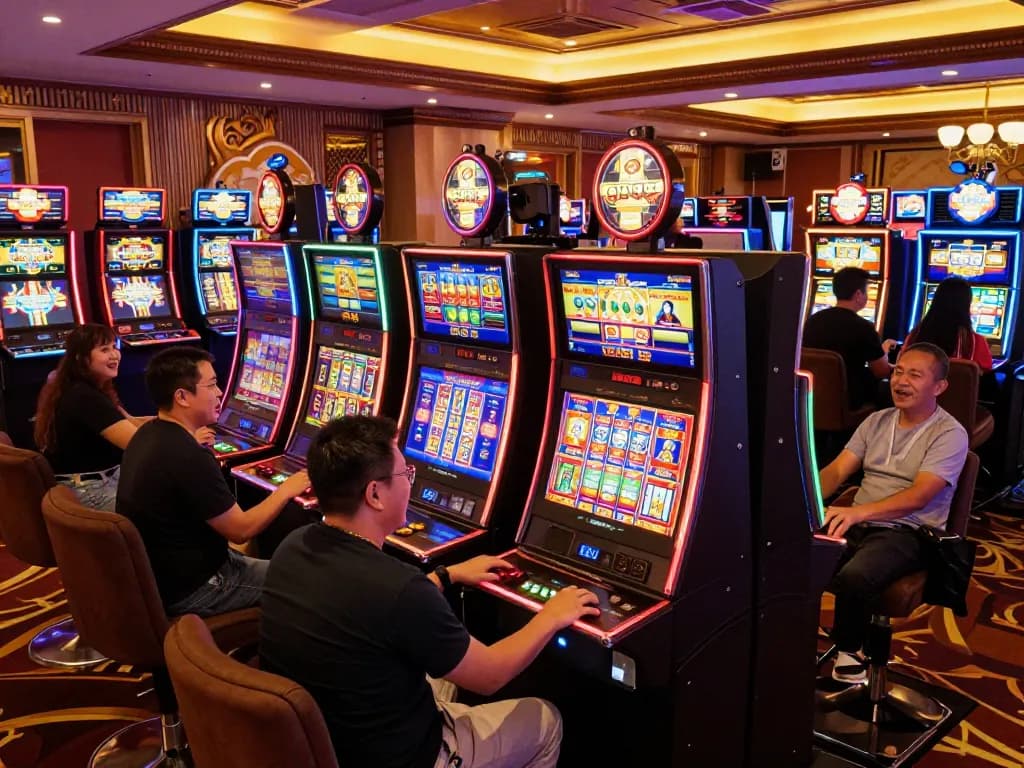 Sparking excitement on situs slot gacor with players engaged in colorful slot machines