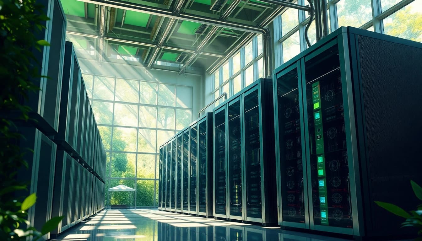 Cloud mining bitcoin facility utilizing renewable energy, showcasing AI-driven technology.