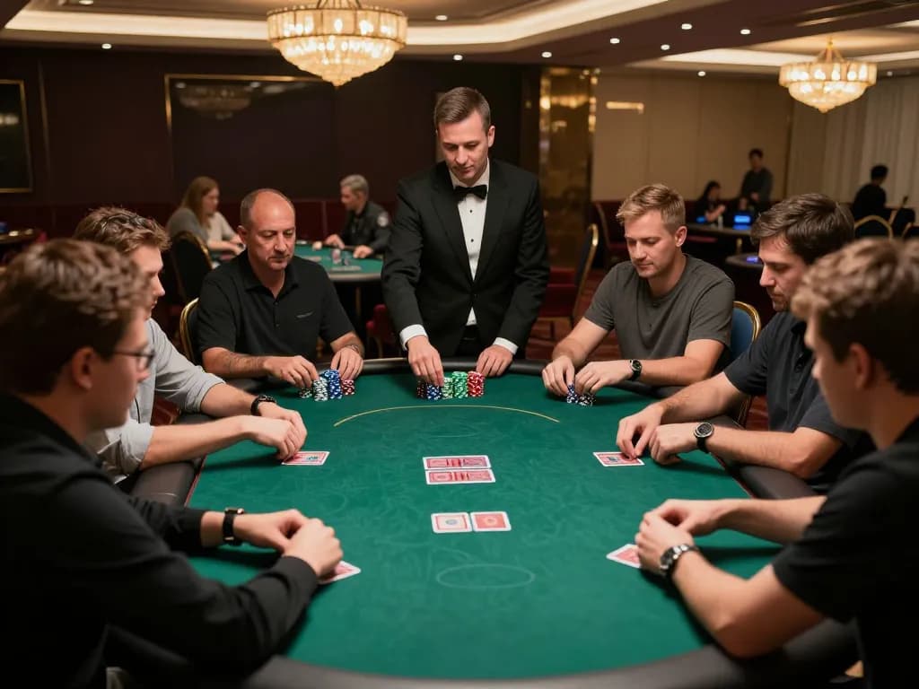 Agen Casino Online players engaging in a thrilling poker game in a luxurious casino setting.