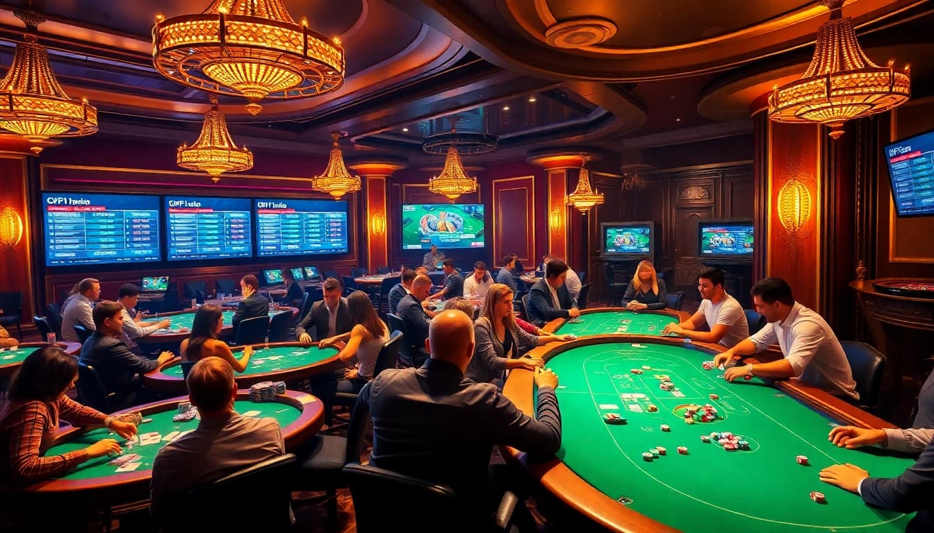 KPI4D players excitedly gather around poker tables in a luxurious casino atmosphere.
