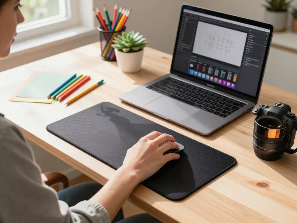 Person using a custom 3D mouse pad with wrist support in a modern home office setup.