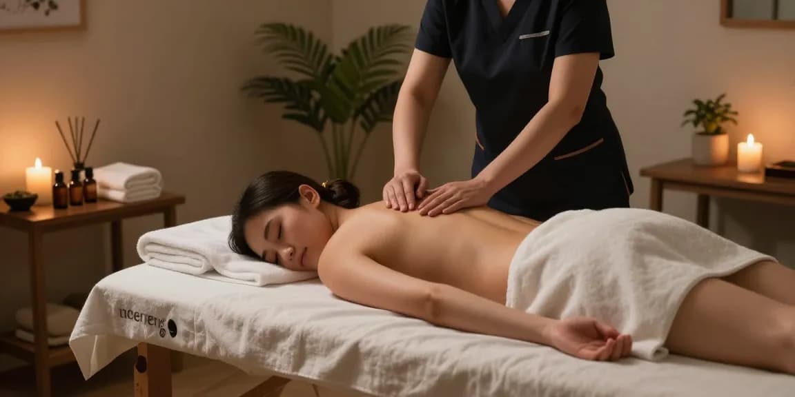 1인샵 massage therapist providing a relaxing treatment in a cozy, serene environment with aromatic oils and soft lighting.