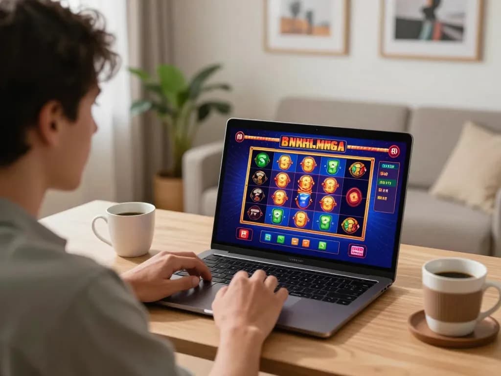 Engaged players at non gamstop casinos online, enjoying vibrant slot game action on a laptop