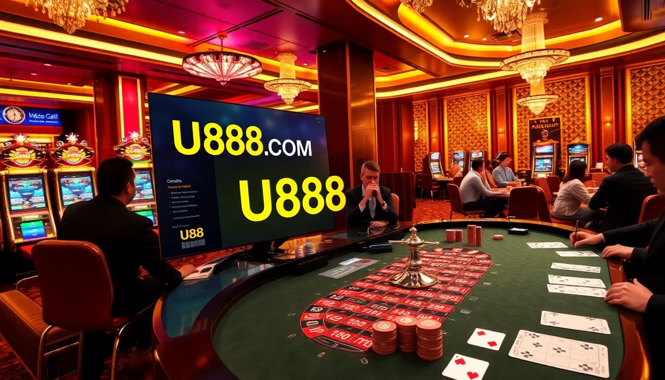 Experience the excitement of gambling at U888 com with vibrant casino visuals showcasing poker and roulette.