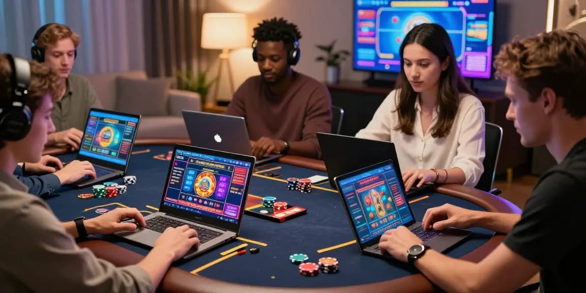 Exciting mastercard credit card casinos gaming scene with players enjoying diverse online games in a cozy setting.