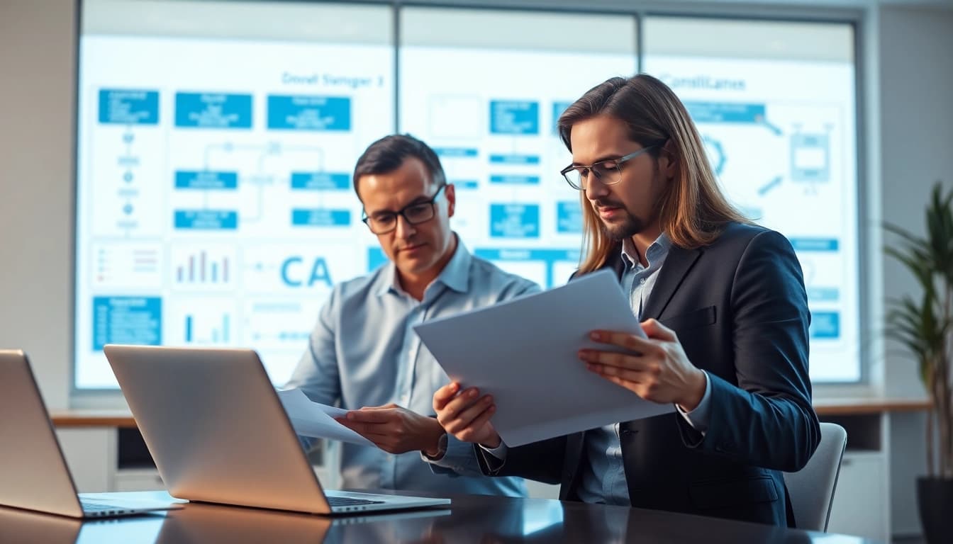 Analyze FCPA/DCAA/Flowdown/ITAR/EAR compliance in a modern office with professionals engaged.