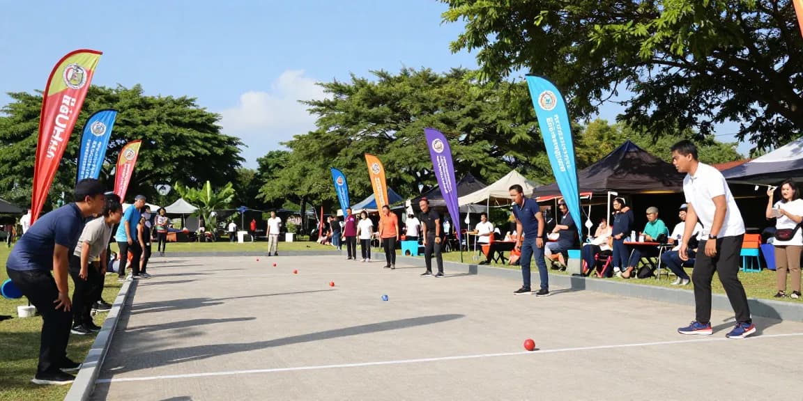 Aktivitas permainan petanque di FOPI Kota Banjarmasin, suasana ceria dengan peserta bersemangat.