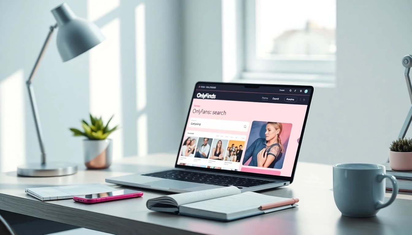 OnlyFans Search interface on a laptop in a modern workspace showcasing creator profiles.