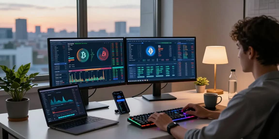 Beginner cloud mining platform showcased in a modern crypto trading setup with charts and DeFi dashboards.