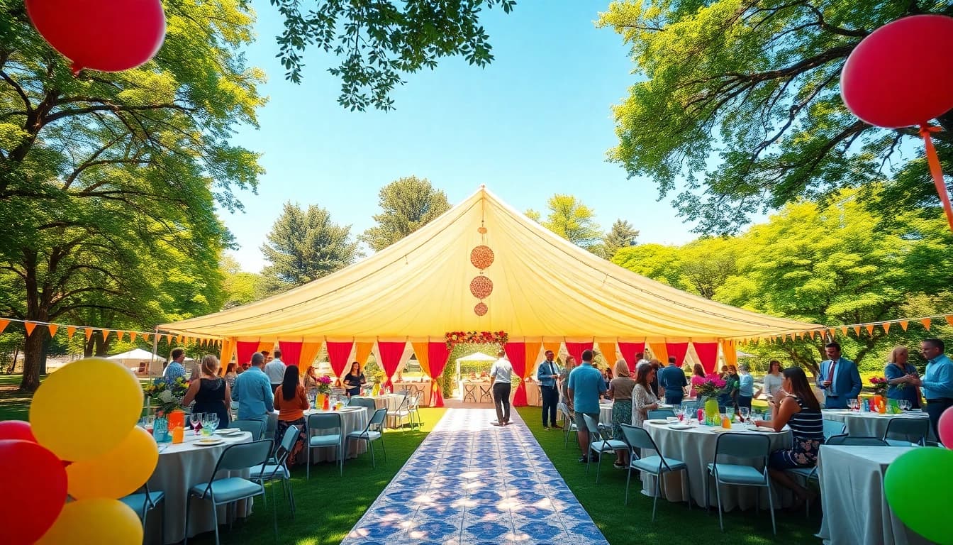 Enjoy stunning Party Tent Rentals with vibrant decorations in a scenic outdoor setting.