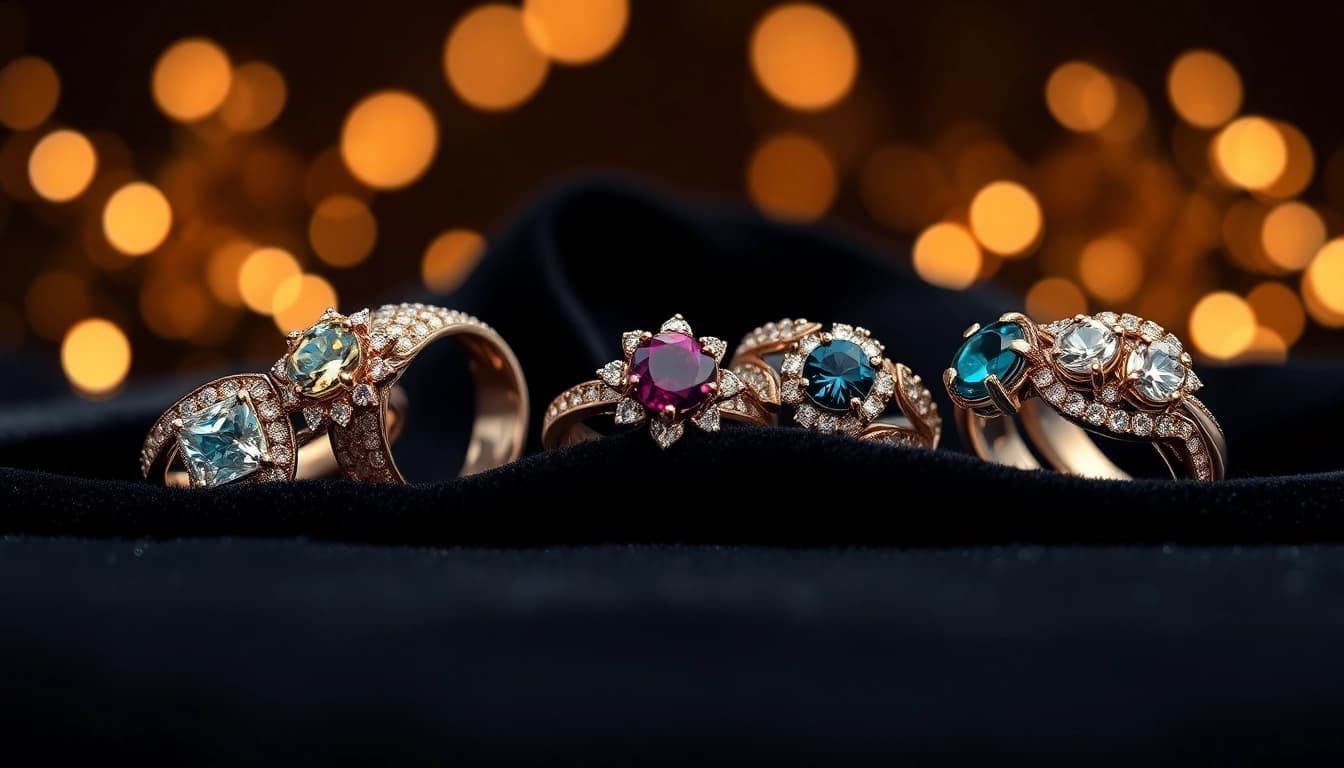 Admire stunning luxury rings, showcasing intricate designs and vibrant gemstones.