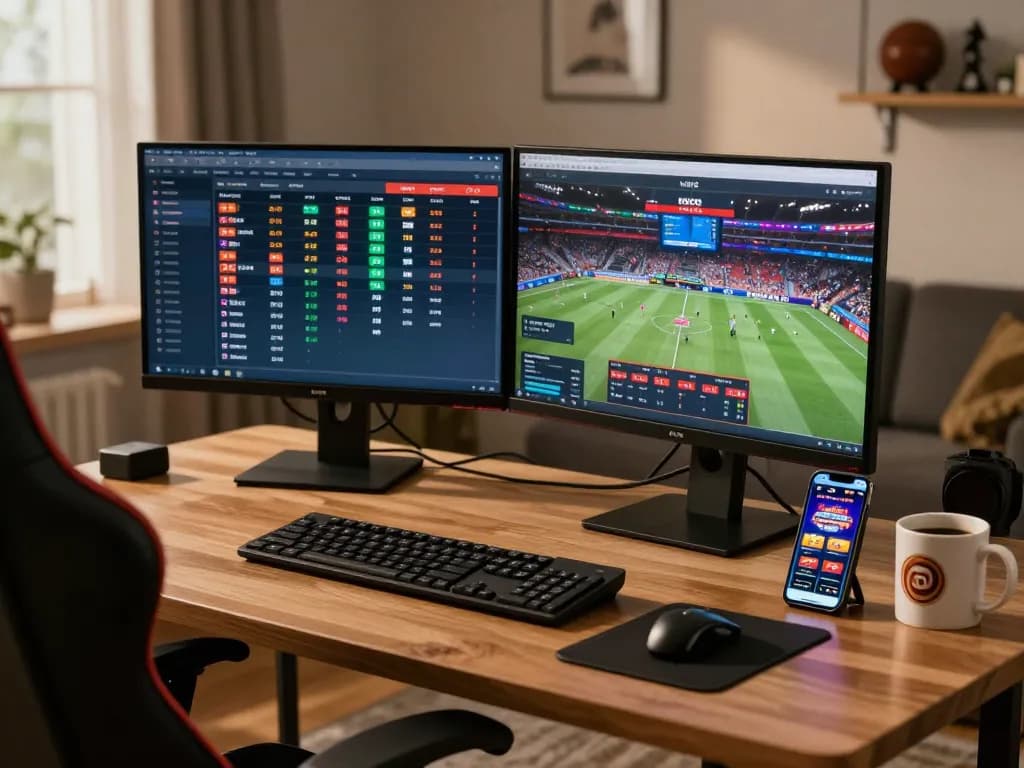 Watch live sports betting on https://nddo.org at your stylish home setup with multiple screens.