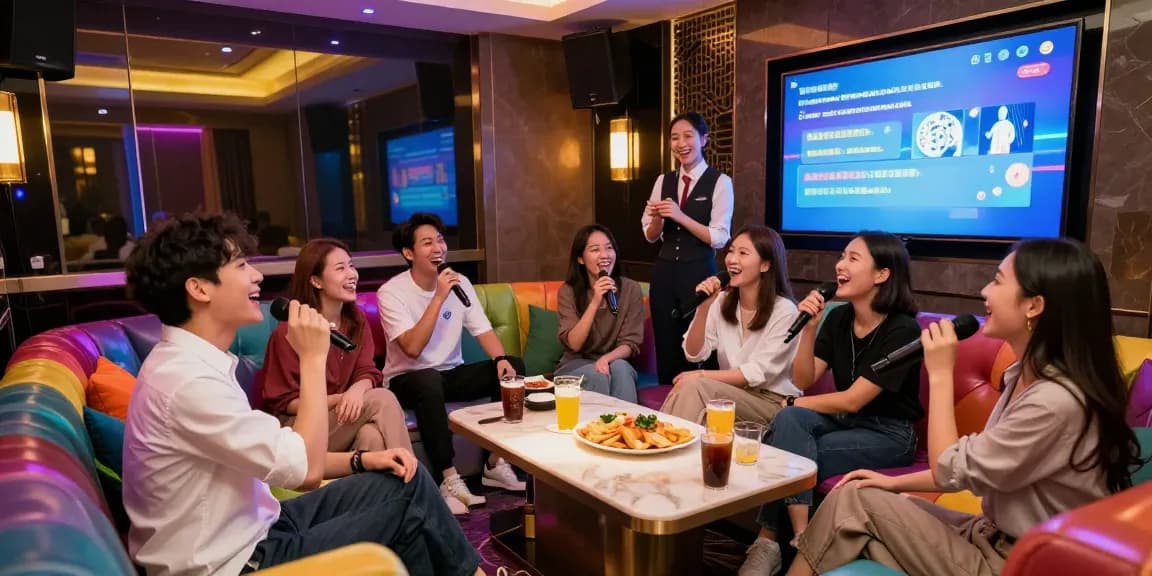 Enjoy a lively night at 인천쓰리노 with friends in a glamorous karaoke room.