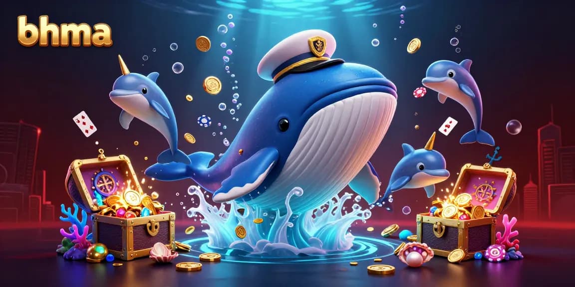 bhma transforms gaming with a whimsical 3D whale and playful dolphins in action.