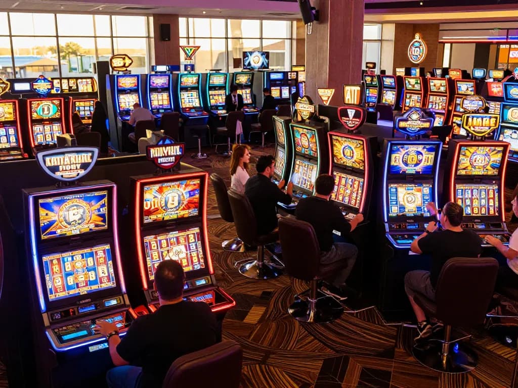 Players celebrating wins at the best widget store featuring diverse slot machines and vibrant casino lights