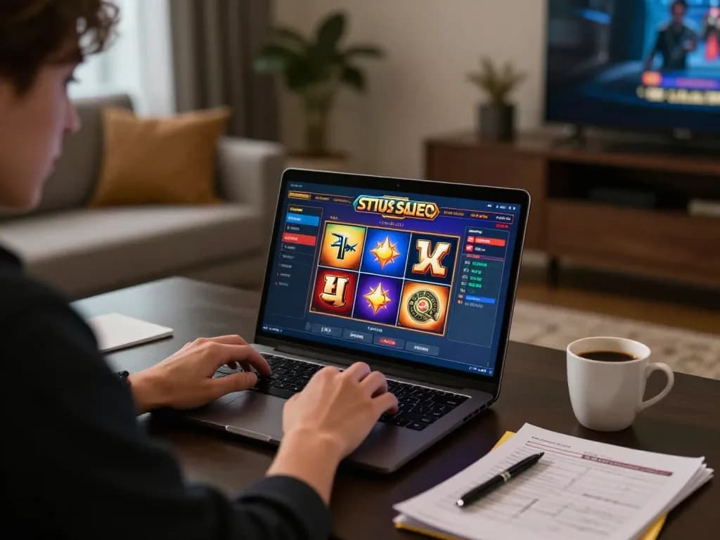 Engaged player enjoying situs slot games on a laptop at home, with strategy notes and coffee.