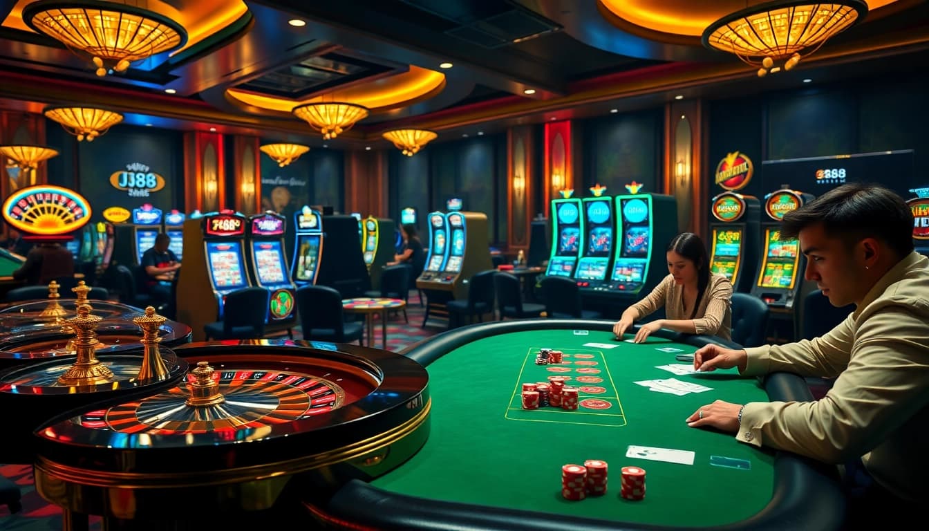 Experience the thrilling ambiance of j88 com with vibrant casino elements and intense poker gameplay.