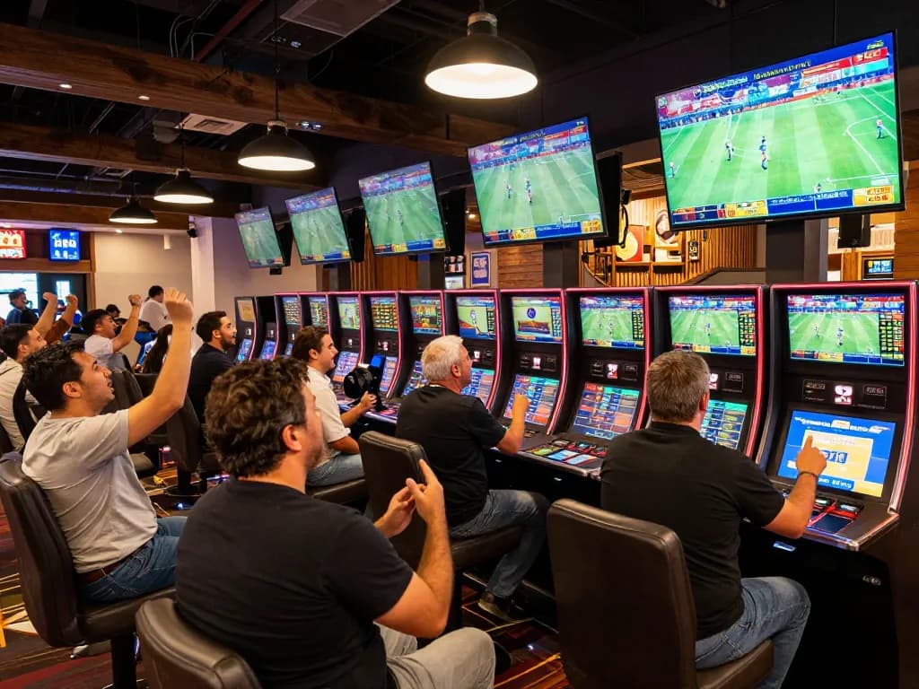 Engaged sports bettors placing wagers at 888top, excitement glows in the vibrant casino atmosphere