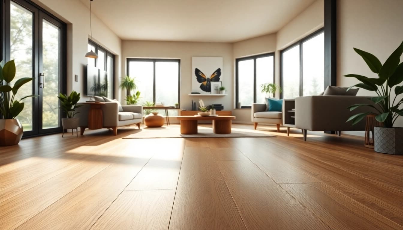 Showcasing quality vinyl flooring in a modern living room with inviting oak tones and natural light.