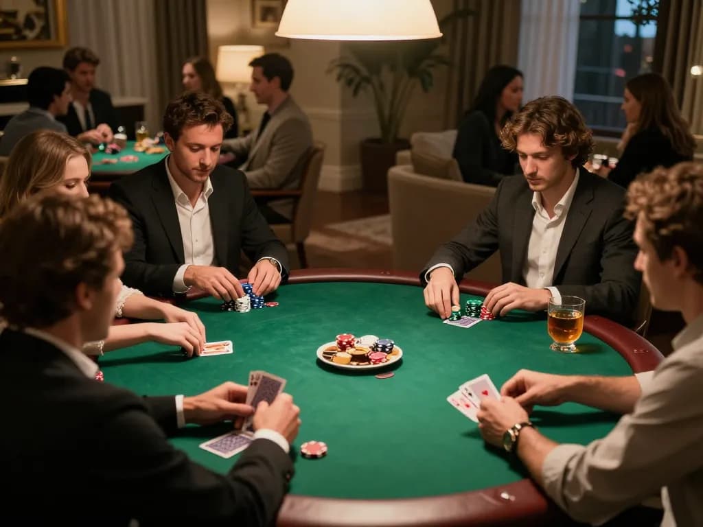 Players engaging in a thrilling poker game at home depicting tg 88 strategy with rich atmosphere.