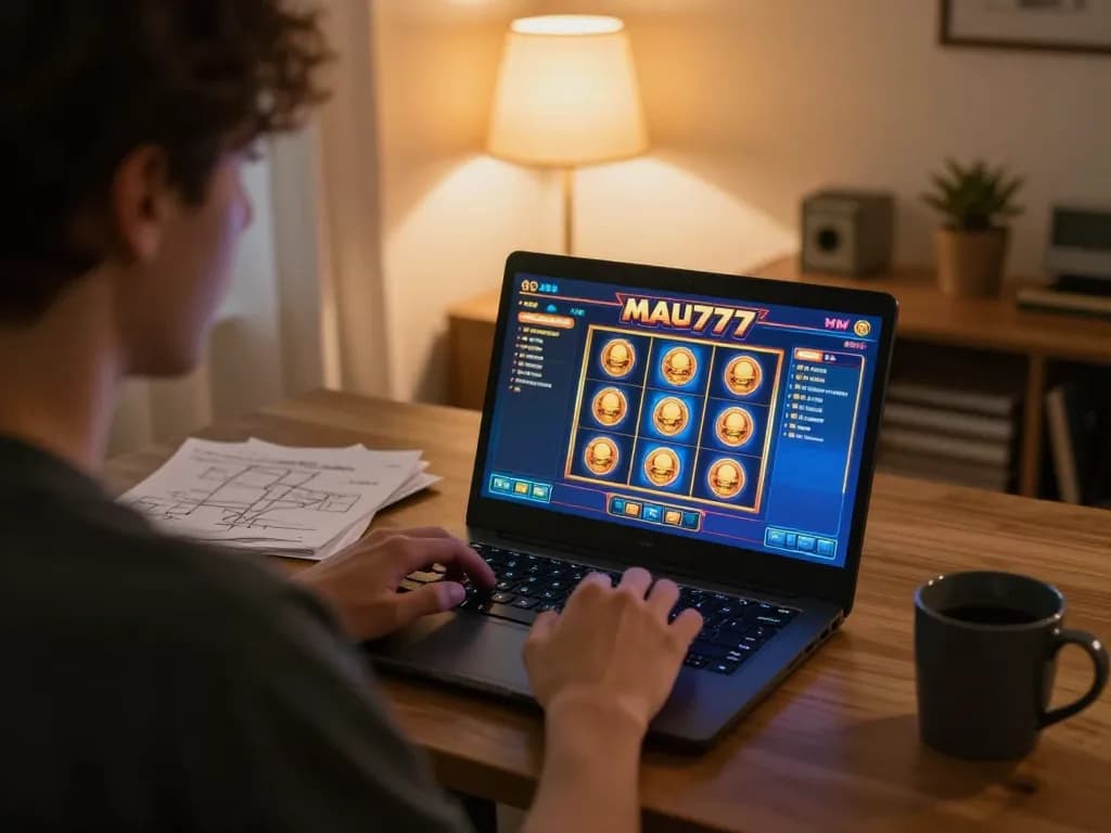 Pemain yang bermain mau777 slot di laptop di rumah, menunjukkan catatan strategi dan pengaturan yang nyaman