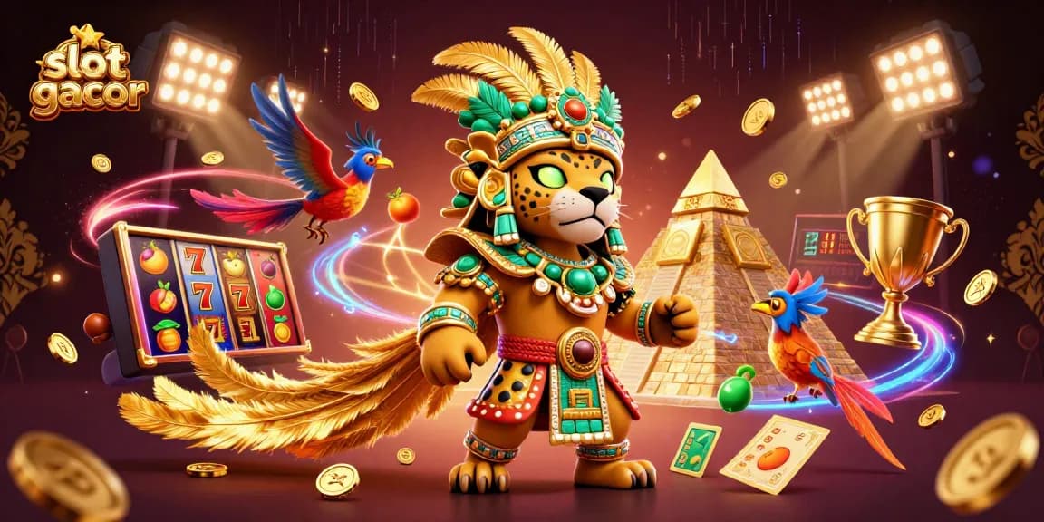 Slot gacor dengan simbol keberuntungan, jackpot, dan suasana permainan yang mengasyikkan.
