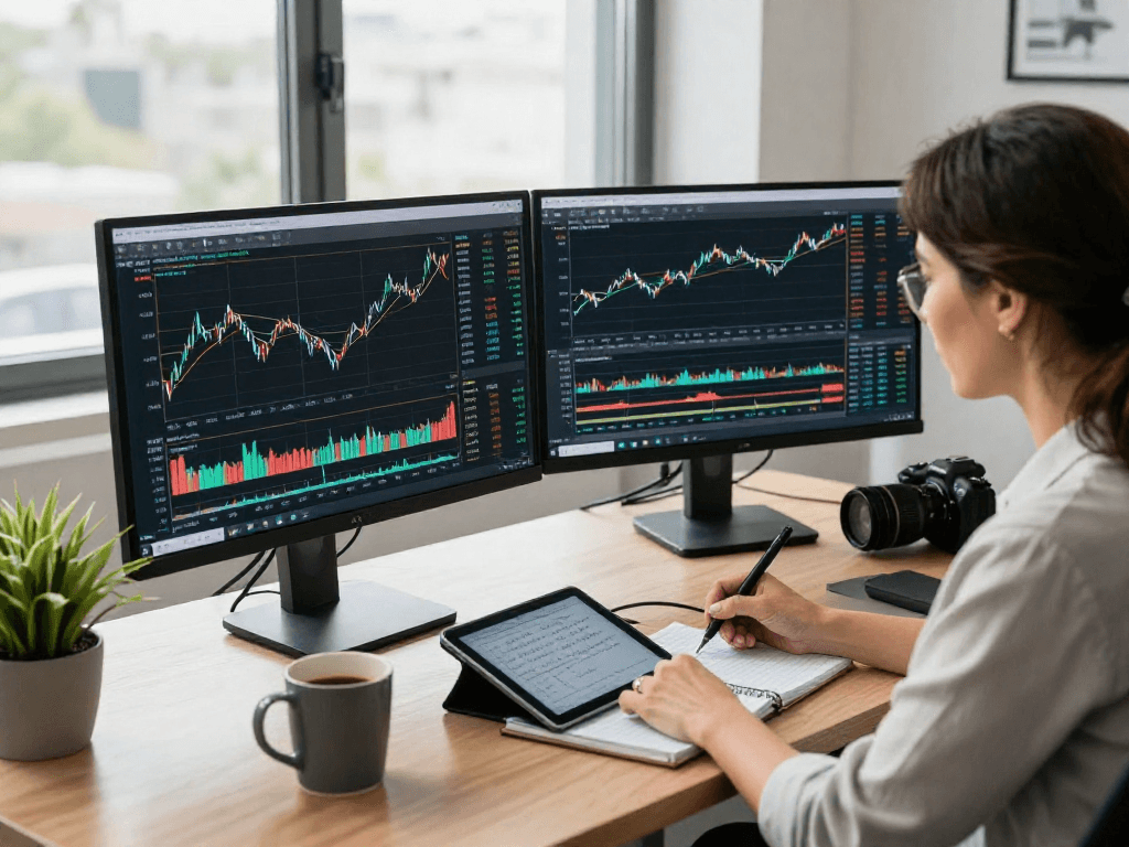 在TradingView实时行情分析平台中，金融分析师使用双屏显示器进行技术指标分析。
