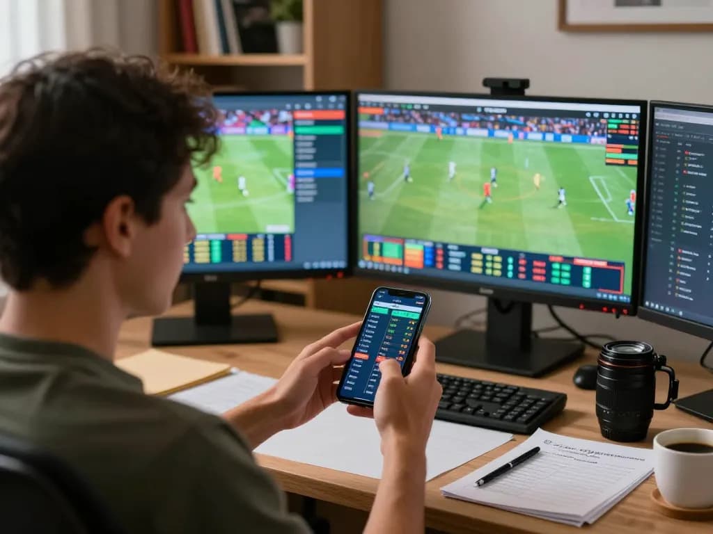 Engaged gambler using 388bet smartphone app for live sports betting, showcasing strategy and excitement.
