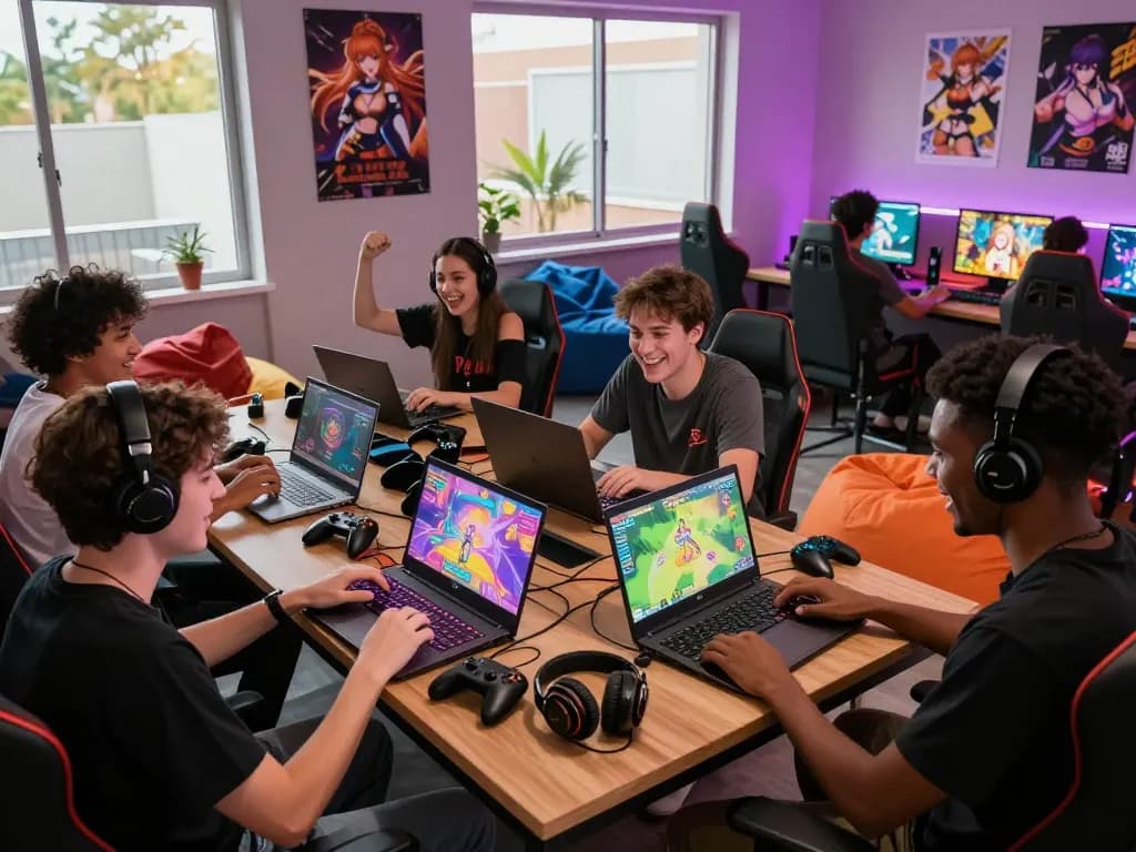 Exciting gaming lounge with friends playing hentai game on laptops and vibrant decor.