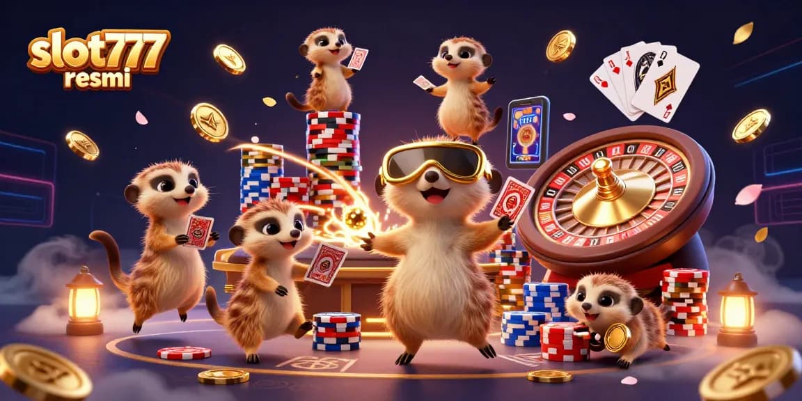 Experience the thrill of slot777 resmi with playful meerkats in a vibrant casino scene, showcasing amazing game elements.