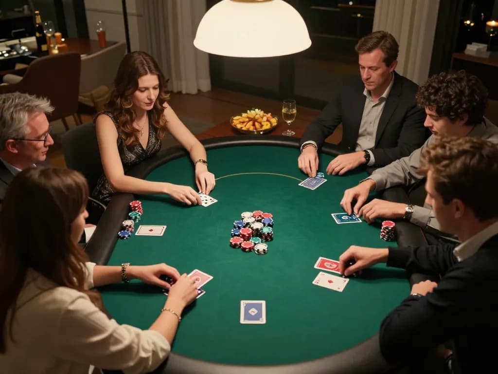 Players engage in an exciting poker game at home while placing bet789 on their hands.