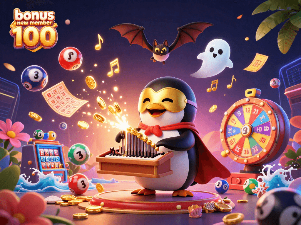Experience the excitement of spins with bonus new member 100, featuring vibrant gaming elements and 3D characters.