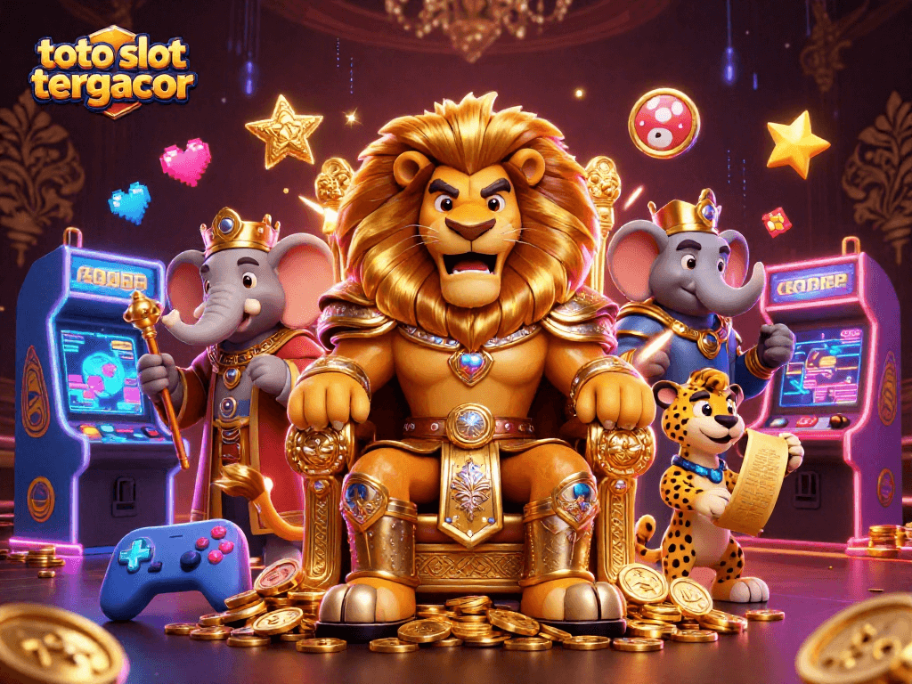 Experience thrilling wins at toto slot tergacor with a royal gaming scene featuring a lion king and vibrant casino elements.